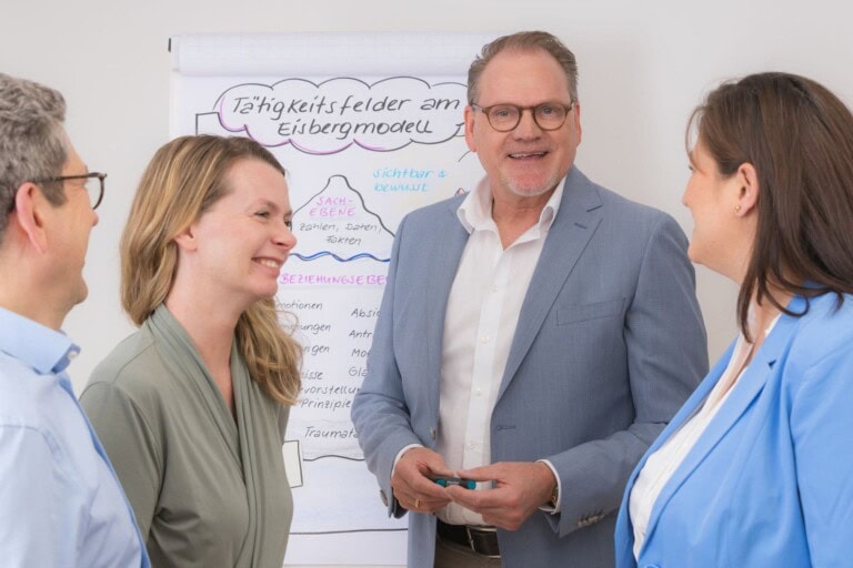 Jürgen Gastring mit einer Trainingsgruppe vor dem Whitheboard beim Teamtraining von COATRAIN® in Hamburg