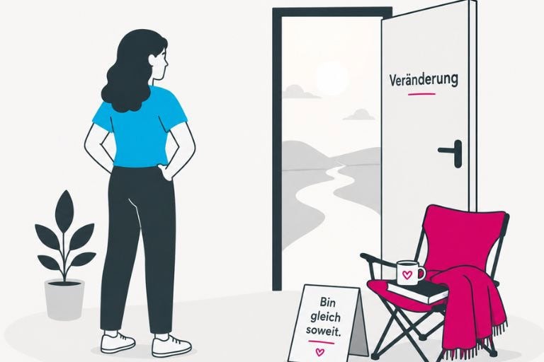 Illustration zum Thema Entscheidungen treffen und persönlicher Wille im Coaching. Eine Person steht vor einer offenen Tür mit der Aufschrift Veränderung. COATRAIN® Hamburg