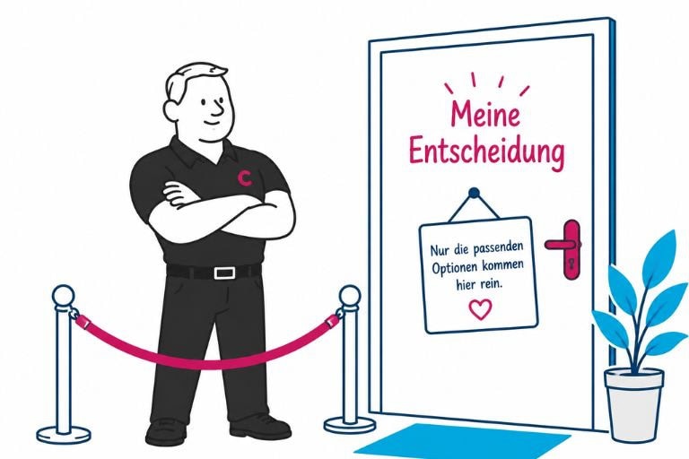 ntscheidungshilfe im Coaching: Ein Türsteher lässt nur passende Optionen durch die Tür „Meine Entscheidung“. Darstellung des K.-o.-Systems von COATRAIN® in Hamburg.