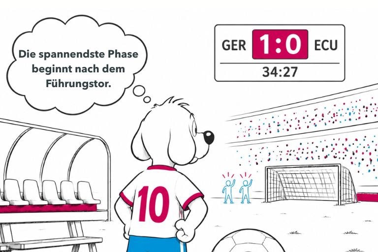 Illustration eines Fußballspiels mit Fokus auf die Phase nach dem Führungstor und der Veränderung von Verhalten und Dynamik im Spiel. Blogbeitrag von COATRAIN® Hamburg)