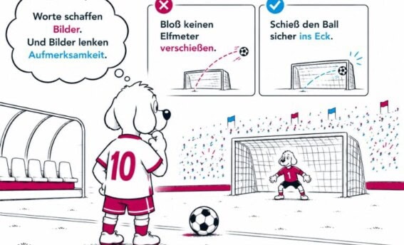 Blog Sprache in der Führung (COATRAIN® Hamburg): Comic-Hund vor einem Elfmeter zeigt, wie Worte Aufmerksamkeit und Entscheidungen beeinflussen.