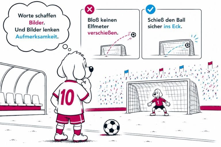 Blog Sprache in der Führung (COATRAIN® Hamburg): Comic-Hund vor einem Elfmeter zeigt, wie Worte Aufmerksamkeit und Entscheidungen beeinflussen.